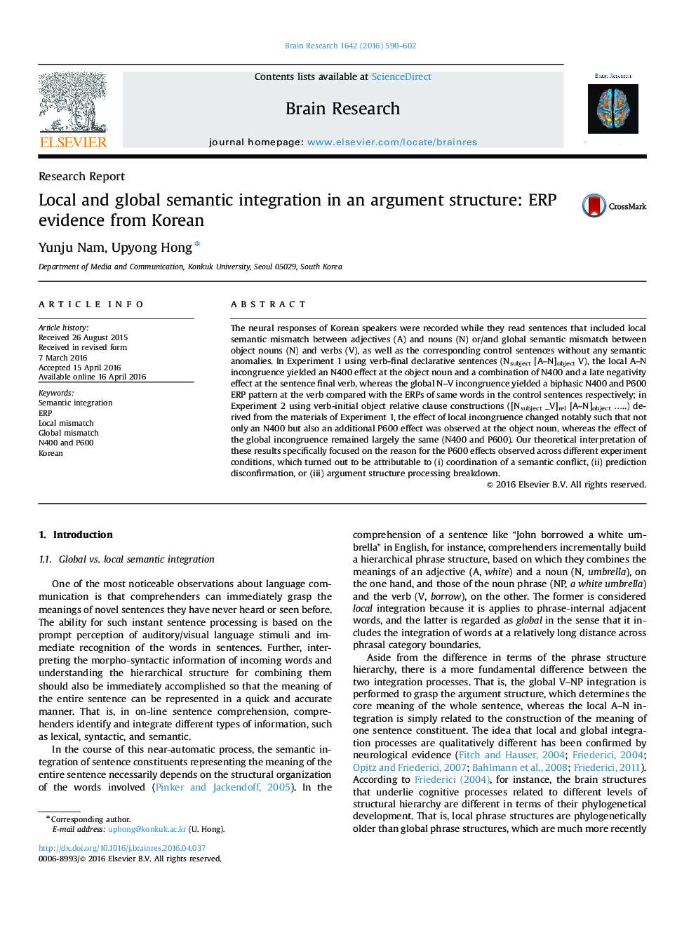 Local and global semantic integration in an argument structure: ERP evidence from Korean