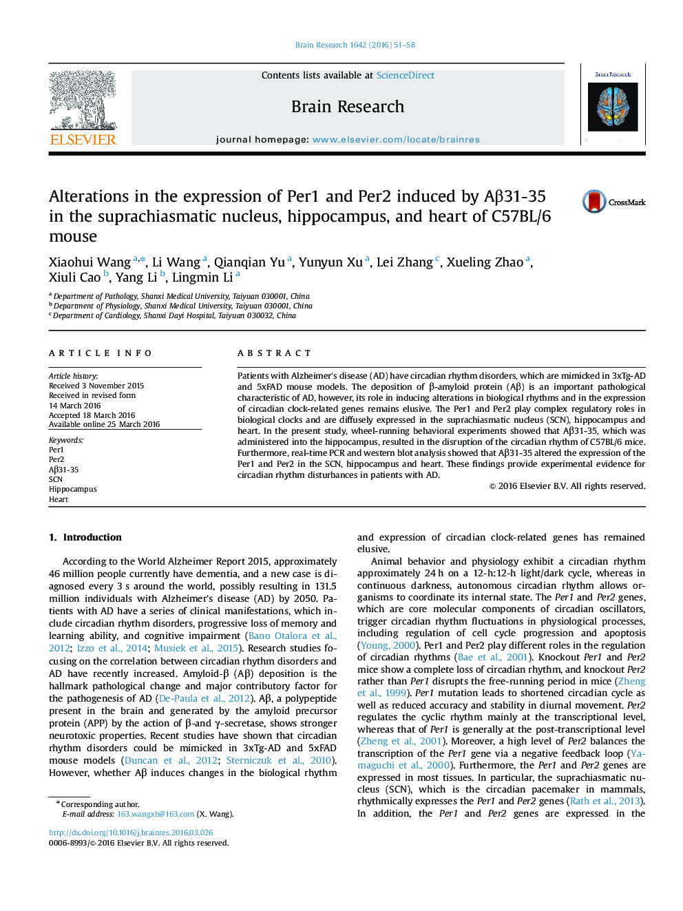 Alterations in the expression of Per1 and Per2 induced by Aβ31-35 in the suprachiasmatic nucleus, hippocampus, and heart of C57BL/6 mouse