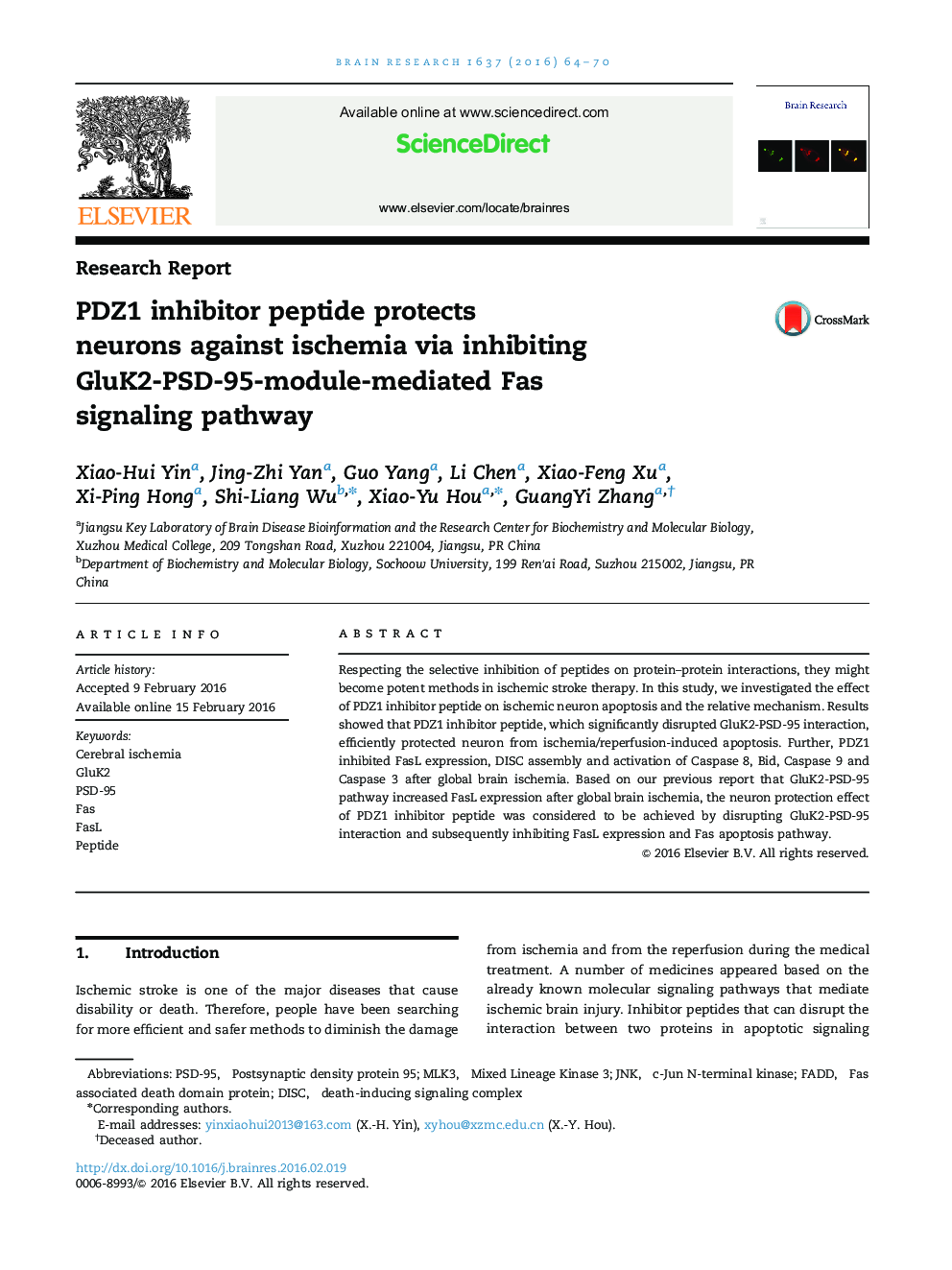 PDZ1 inhibitor peptide protects neurons against ischemia via inhibiting GluK2-PSD-95-module-mediated Fas signaling pathway