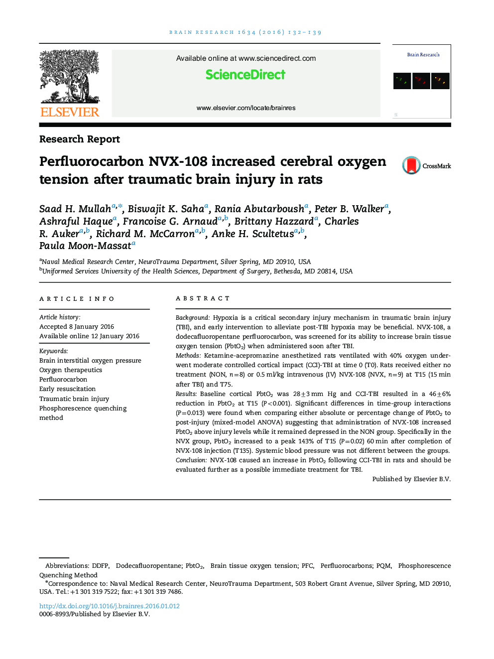 Perfluorocarbon NVX-108 increased cerebral oxygen tension after traumatic brain injury in rats