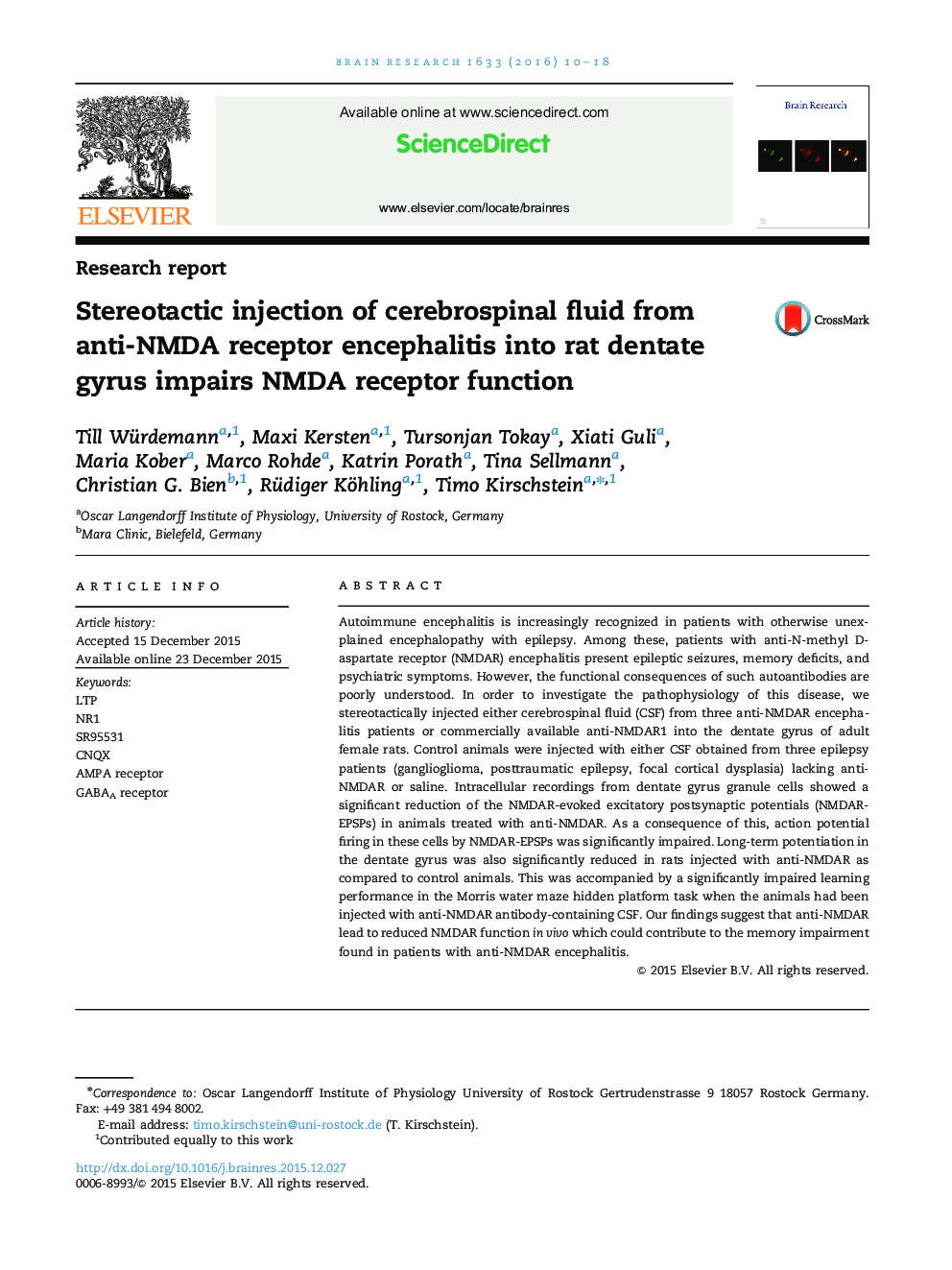 Stereotactic injection of cerebrospinal fluid from anti-NMDA receptor encephalitis into rat dentate gyrus impairs NMDA receptor function