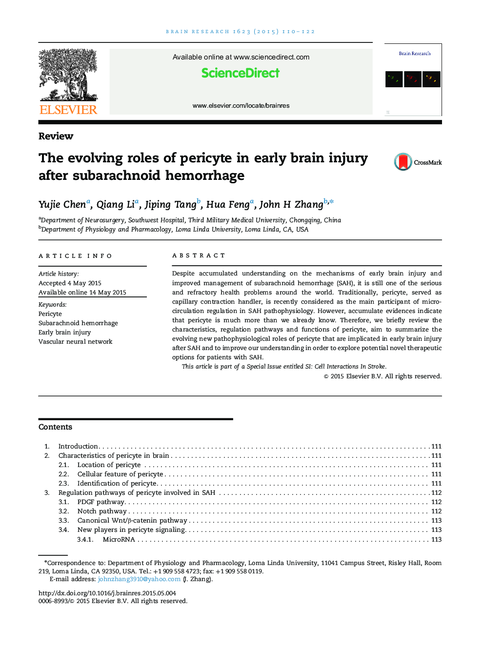 The evolving roles of pericyte in early brain injury after subarachnoid hemorrhage