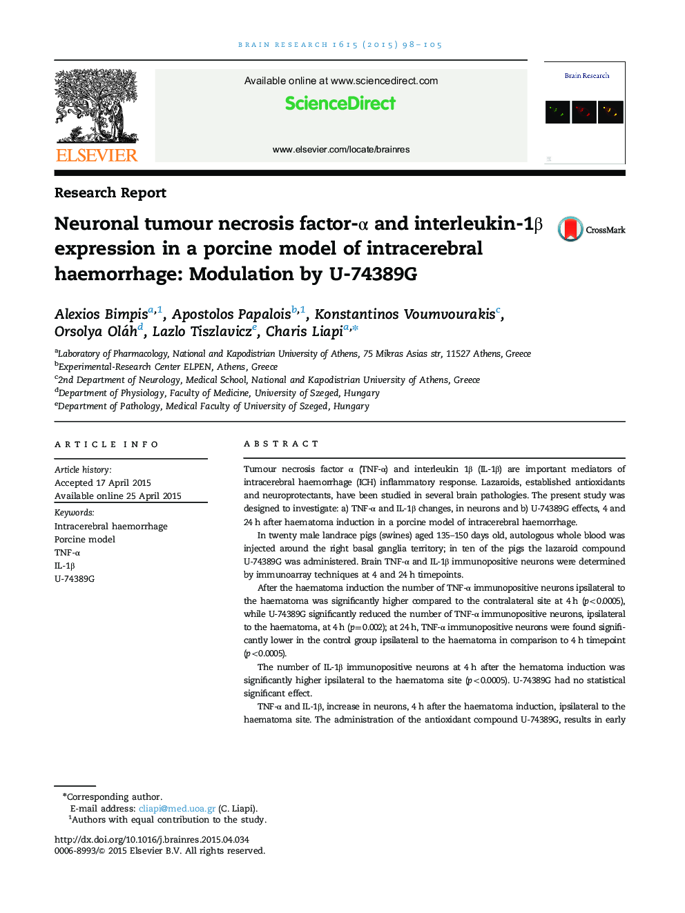 Neuronal tumour necrosis factor-α and interleukin-1β expression in a porcine model of intracerebral haemorrhage: Modulation by U-74389G