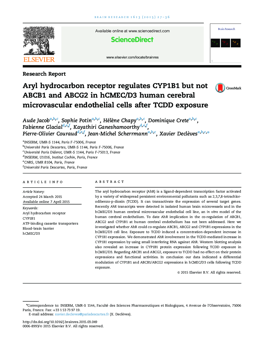 Aryl hydrocarbon receptor regulates CYP1B1 but not ABCB1 and ABCG2 in hCMEC/D3 human cerebral microvascular endothelial cells after TCDD exposure