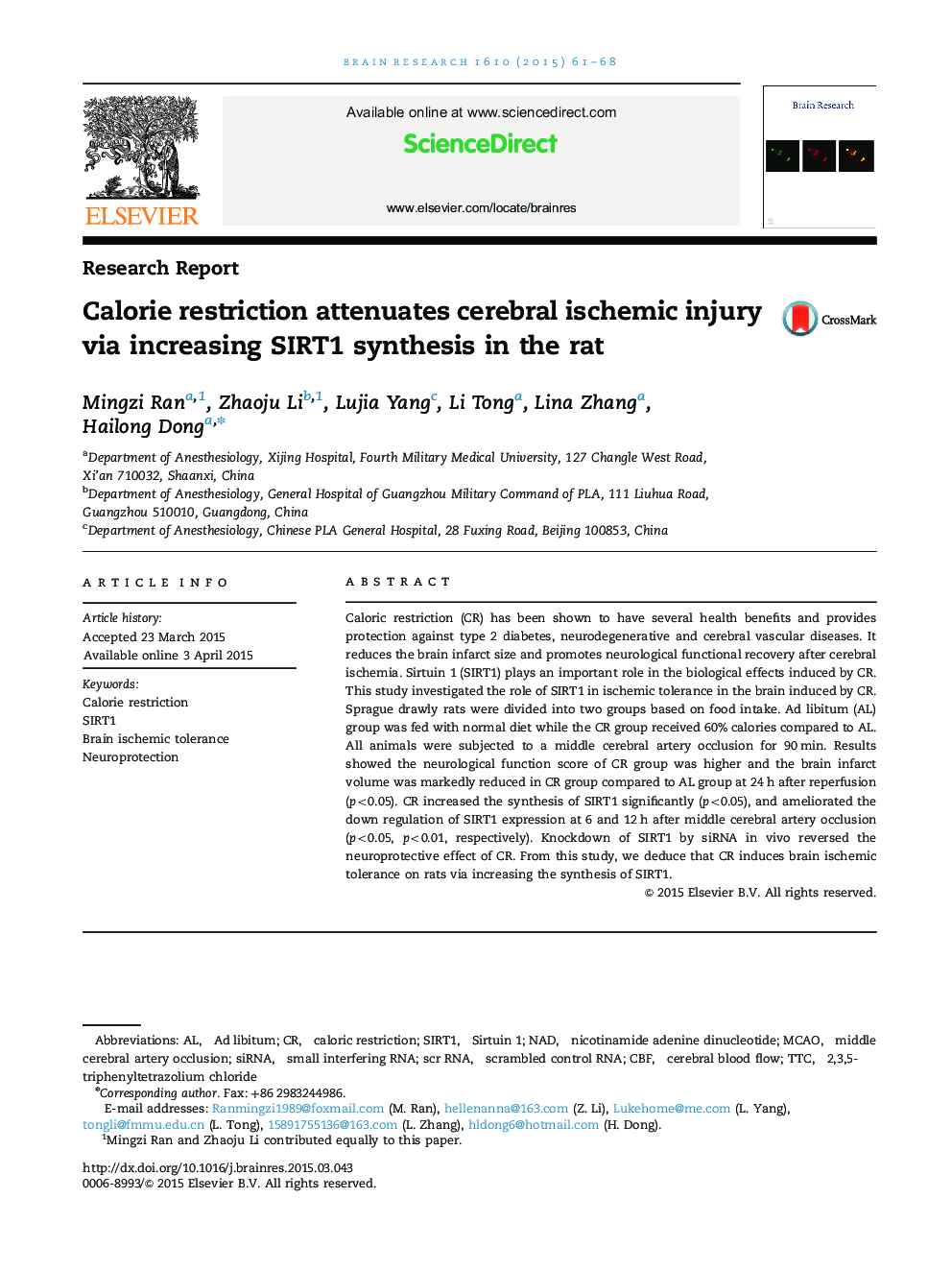 Calorie restriction attenuates cerebral ischemic injury via increasing SIRT1 synthesis in the rat