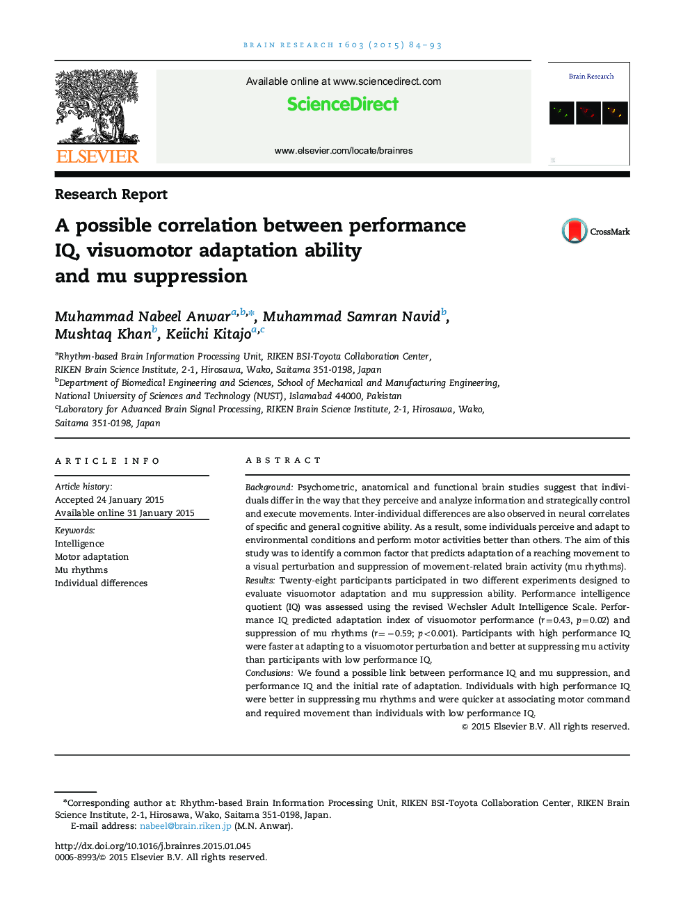 A possible correlation between performance IQ, visuomotor adaptation ability and mu suppression