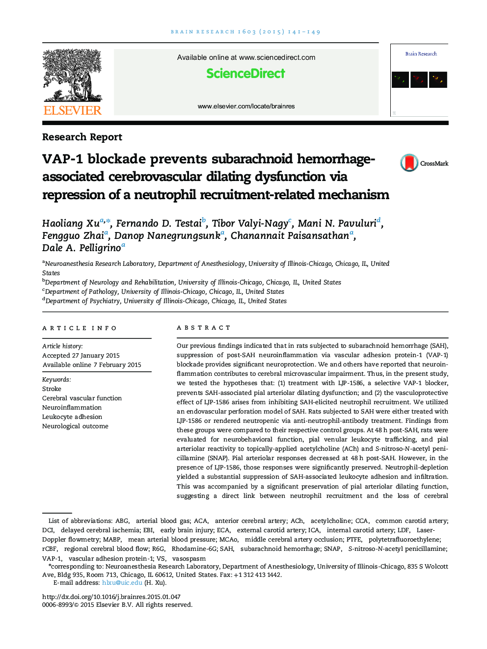 VAP-1 blockade prevents subarachnoid hemorrhage-associated cerebrovascular dilating dysfunction via repression of a neutrophil recruitment-related mechanism