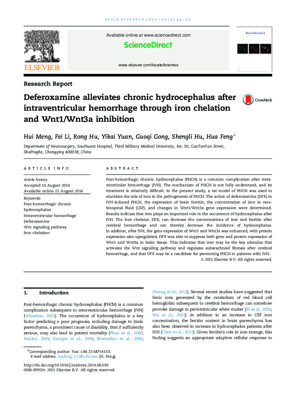 Deferoxamine alleviates chronic hydrocephalus after intraventricular hemorrhage through iron chelation and Wnt1/Wnt3a inhibition