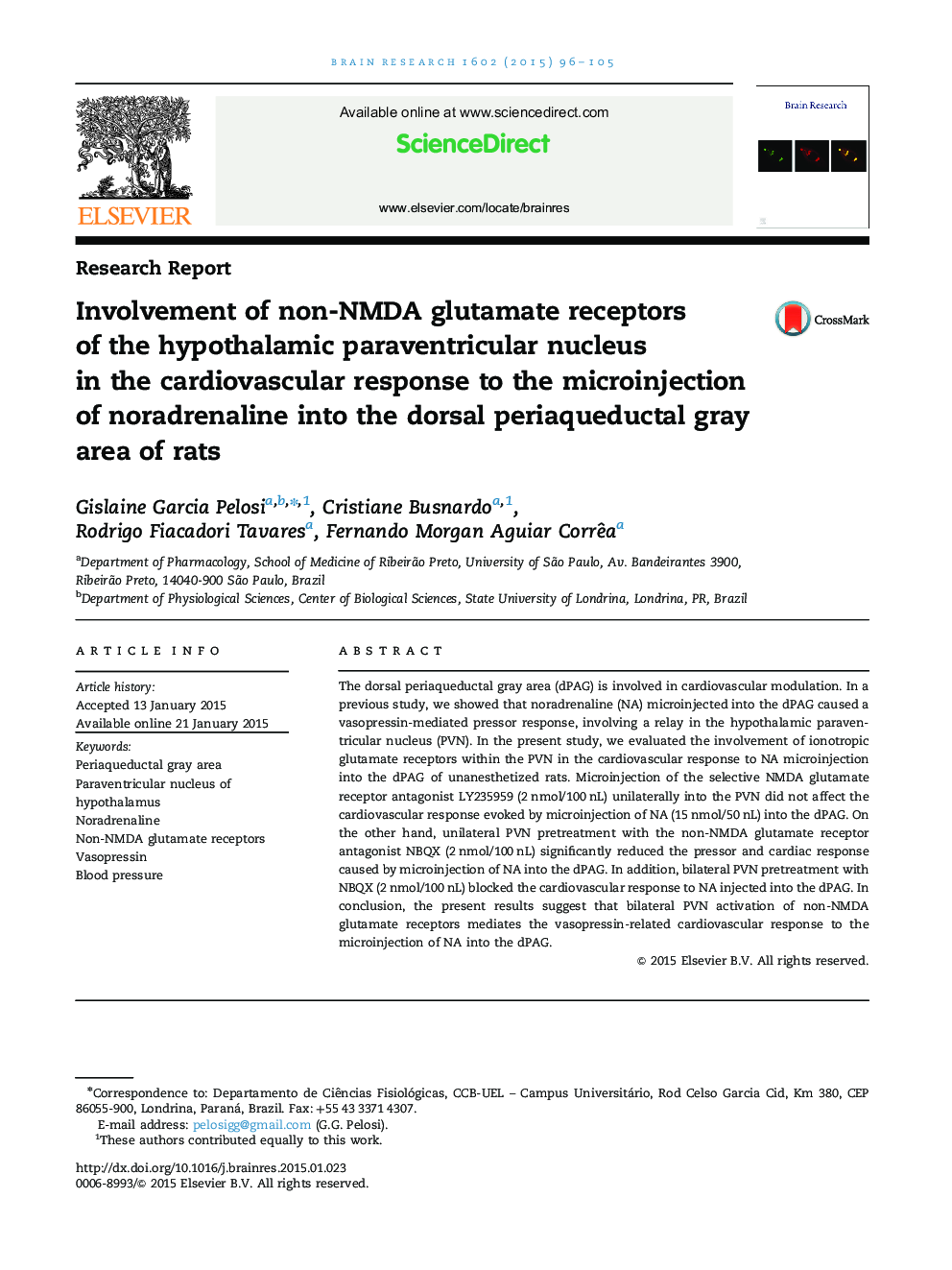 Involvement of non-NMDA glutamate receptors of the hypothalamic paraventricular nucleus in the cardiovascular response to the microinjection of noradrenaline into the dorsal periaqueductal gray area of rats
