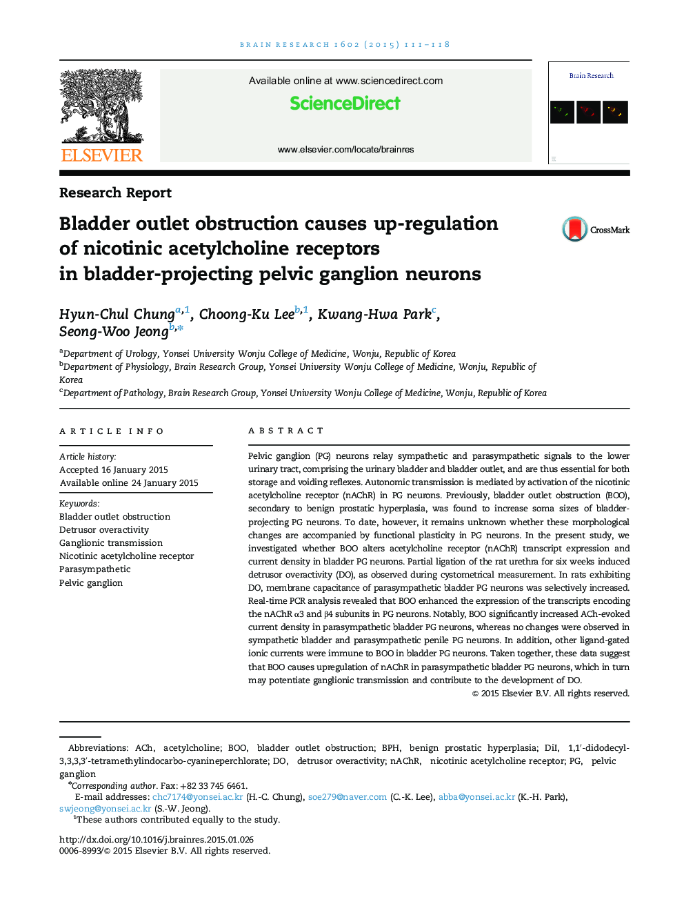 Bladder outlet obstruction causes up-regulation of nicotinic acetylcholine receptors in bladder-projecting pelvic ganglion neurons