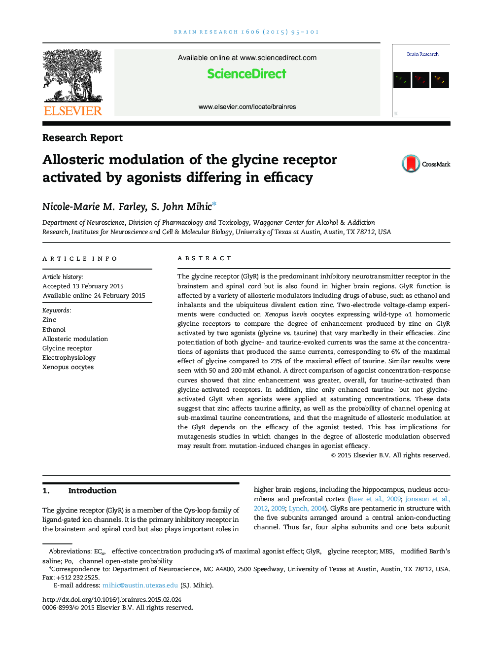 Allosteric modulation of the glycine receptor activated by agonists differing in efficacy