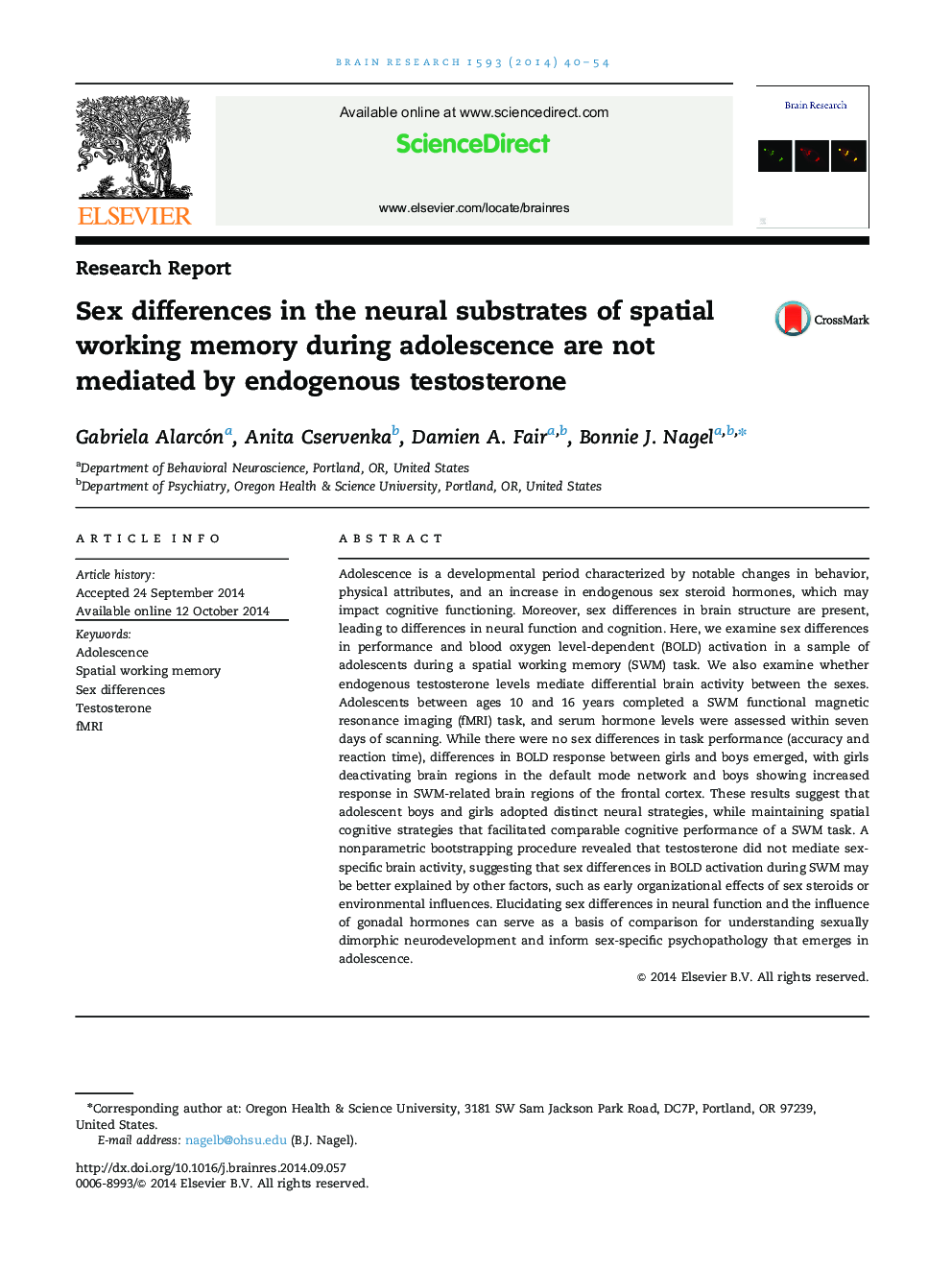 تفاوت های جنسی در زمینه های عصبی حافظه کاری مکانی در طی نوجوانی توسط تستوسترون اندوژن 