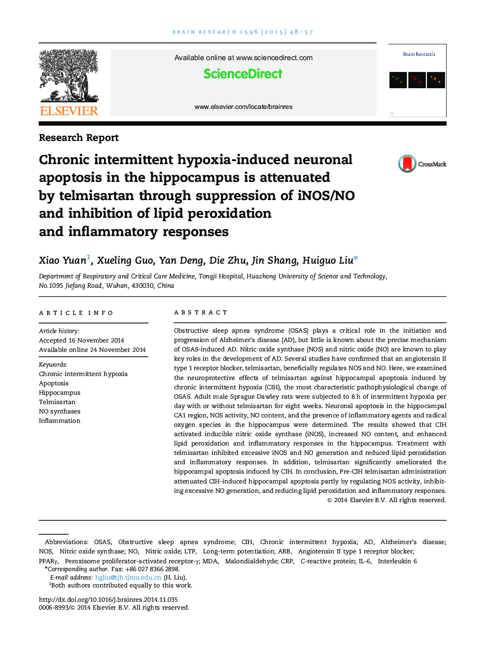 Chronic intermittent hypoxia-induced neuronal apoptosis in the hippocampus is attenuated by telmisartan through suppression of iNOS/NO and inhibition of lipid peroxidation and inflammatory responses
