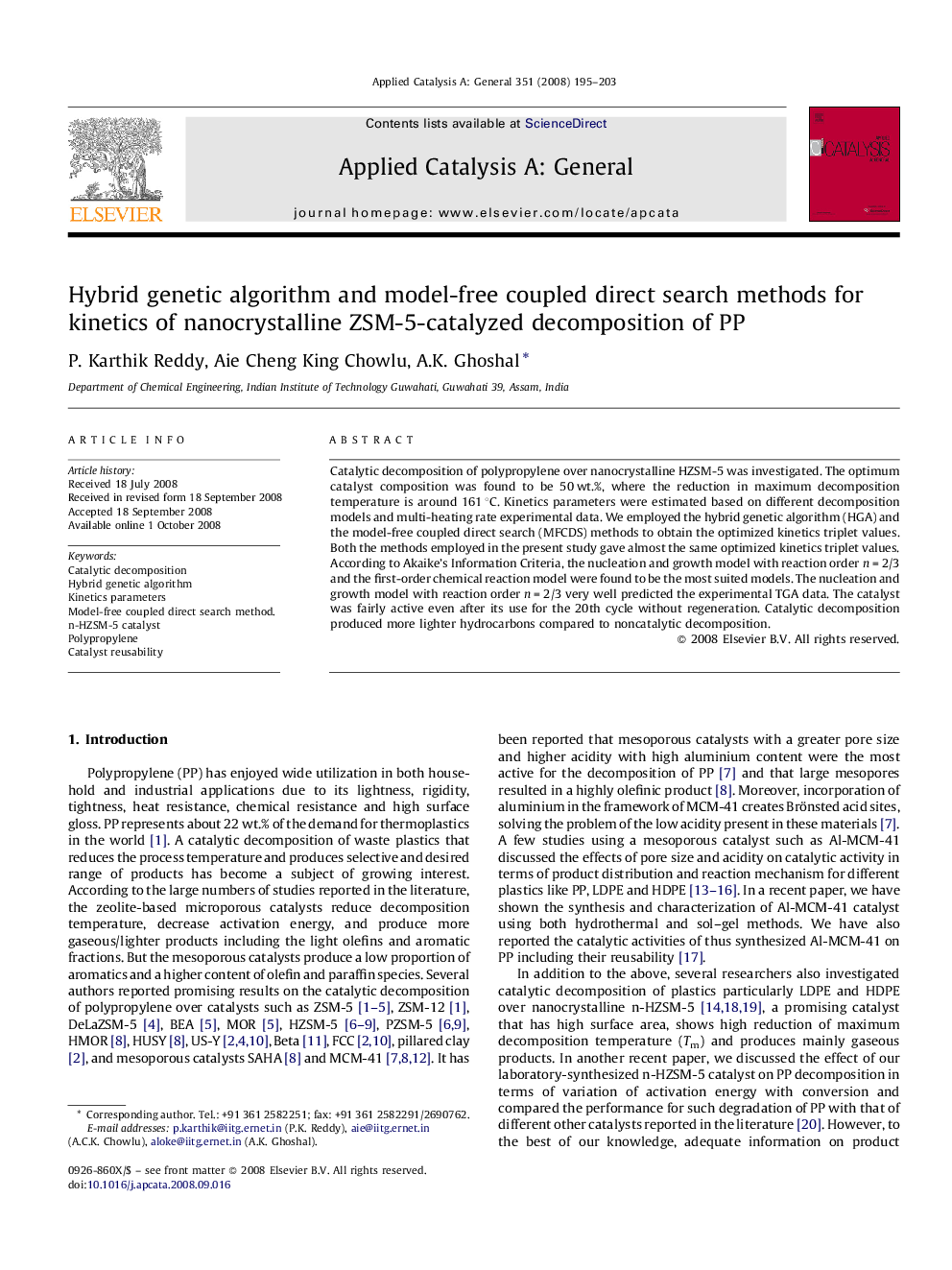 Hybrid genetic algorithm and model-free coupled direct search methods for kinetics of nanocrystalline ZSM-5-catalyzed decomposition of PP