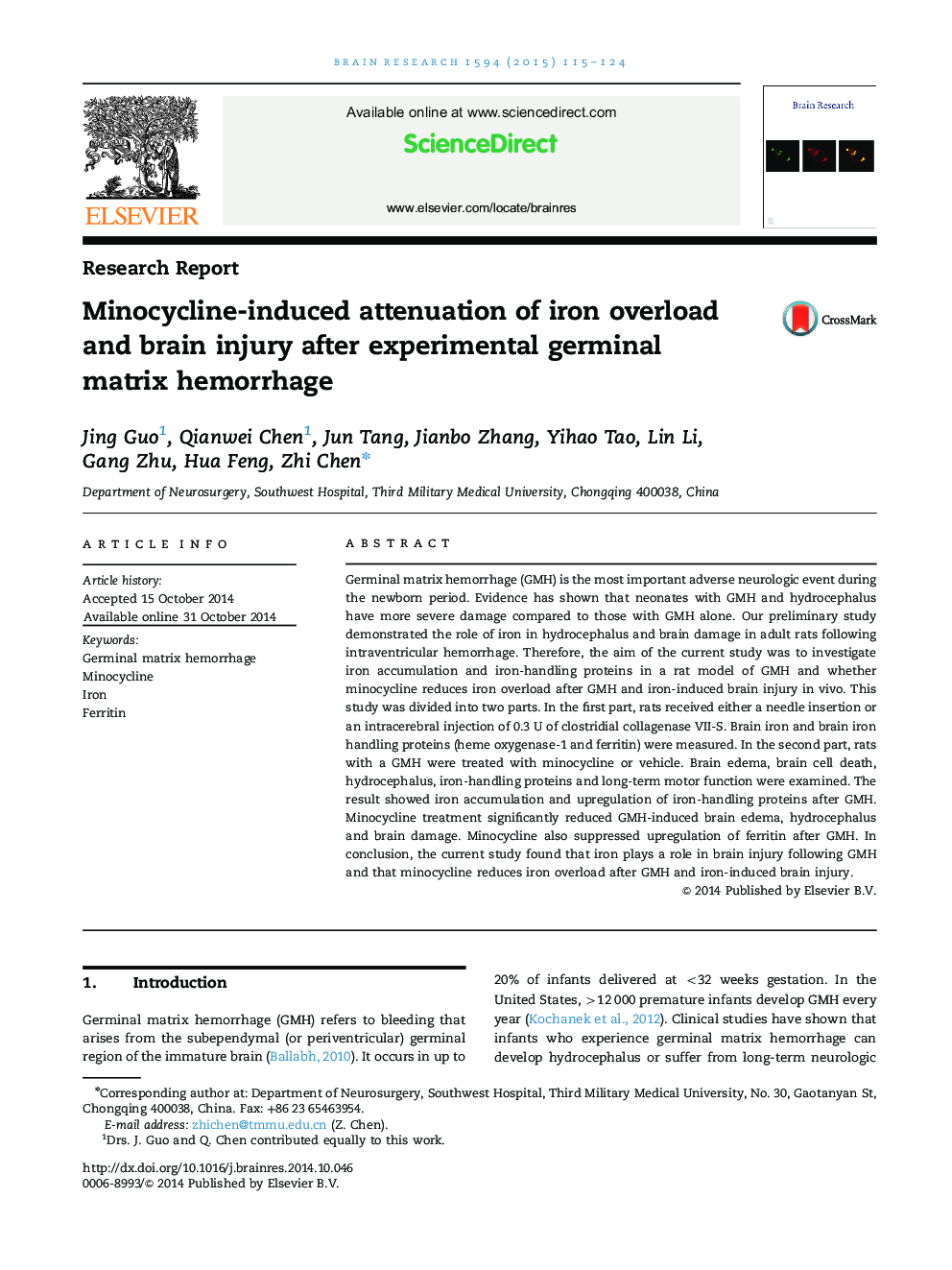 Minocycline-induced attenuation of iron overload and brain injury after experimental germinal matrix hemorrhage