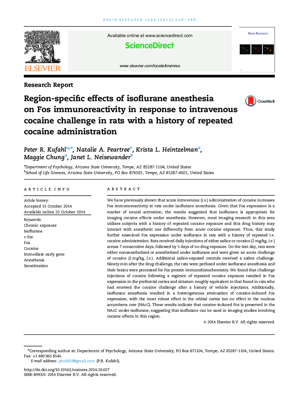 Region-specific effects of isoflurane anesthesia on Fos immunoreactivity in response to intravenous cocaine challenge in rats with a history of repeated cocaine administration