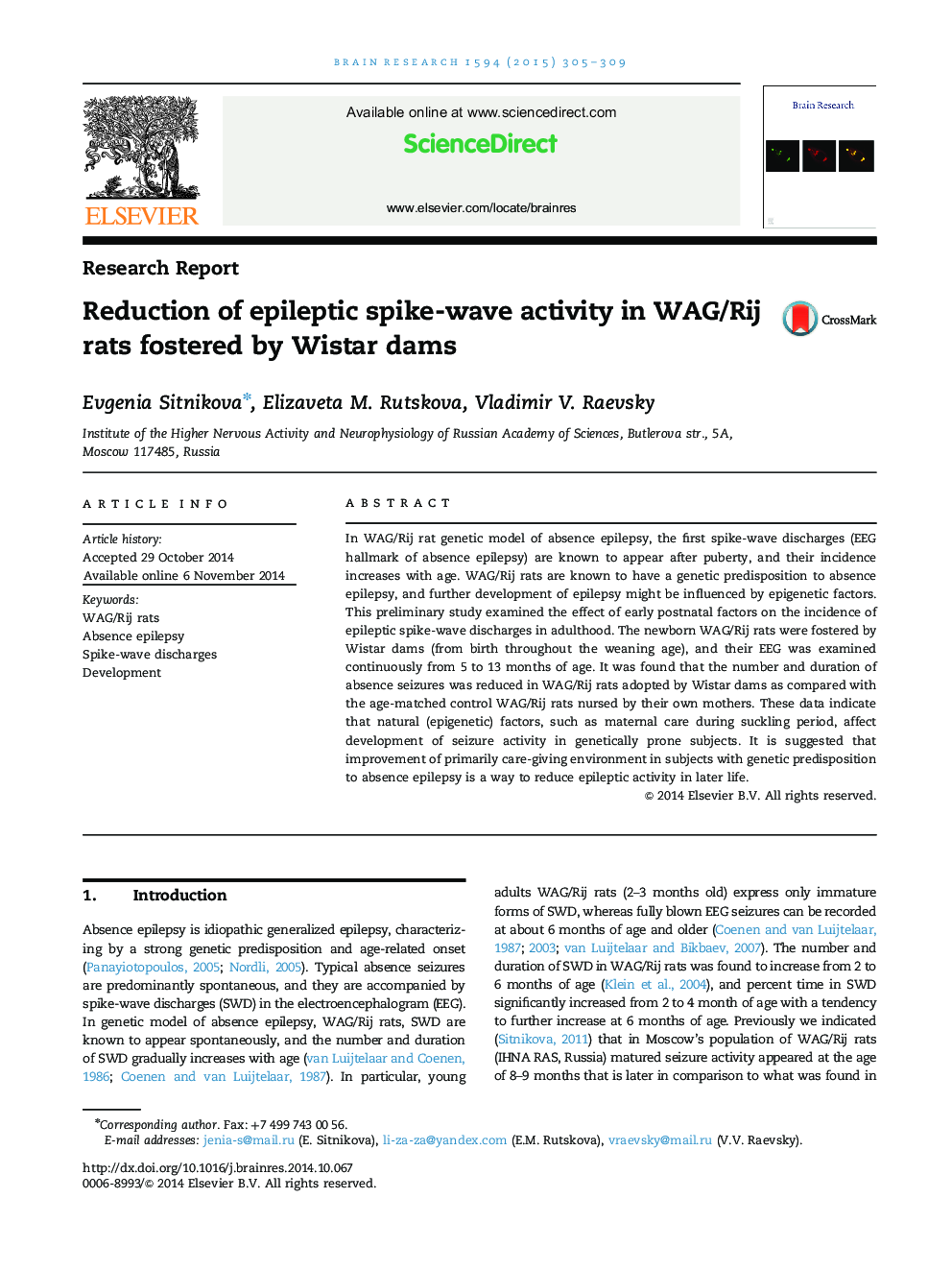 Reduction of epileptic spike-wave activity in WAG/Rij rats fostered by Wistar dams