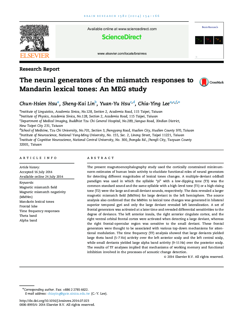 The neural generators of the mismatch responses to Mandarin lexical tones: An MEG study