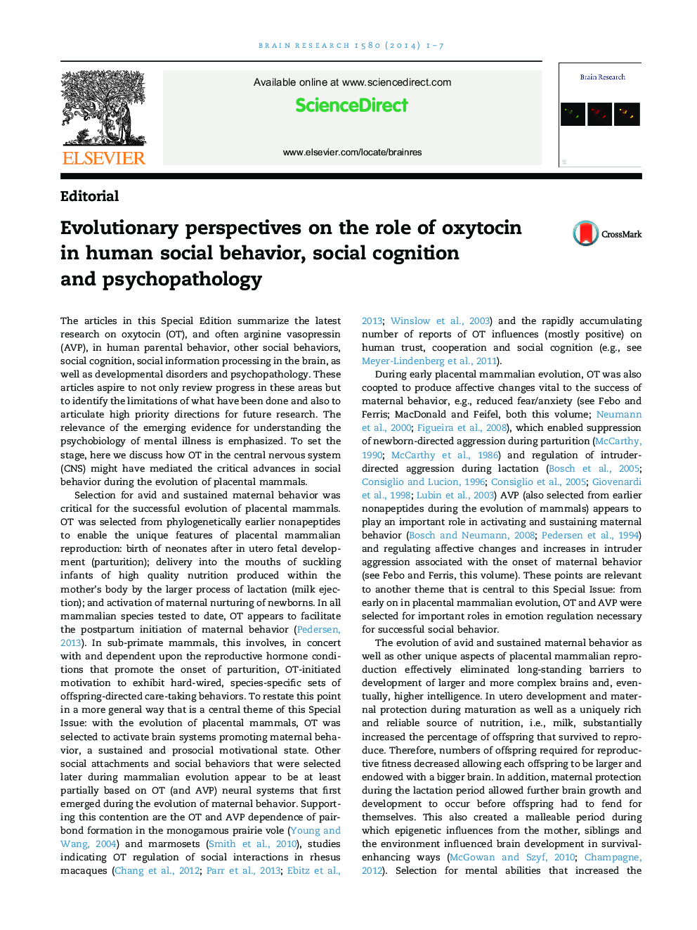 Evolutionary perspectives on the role of oxytocin in human social behavior, social cognition and psychopathology
