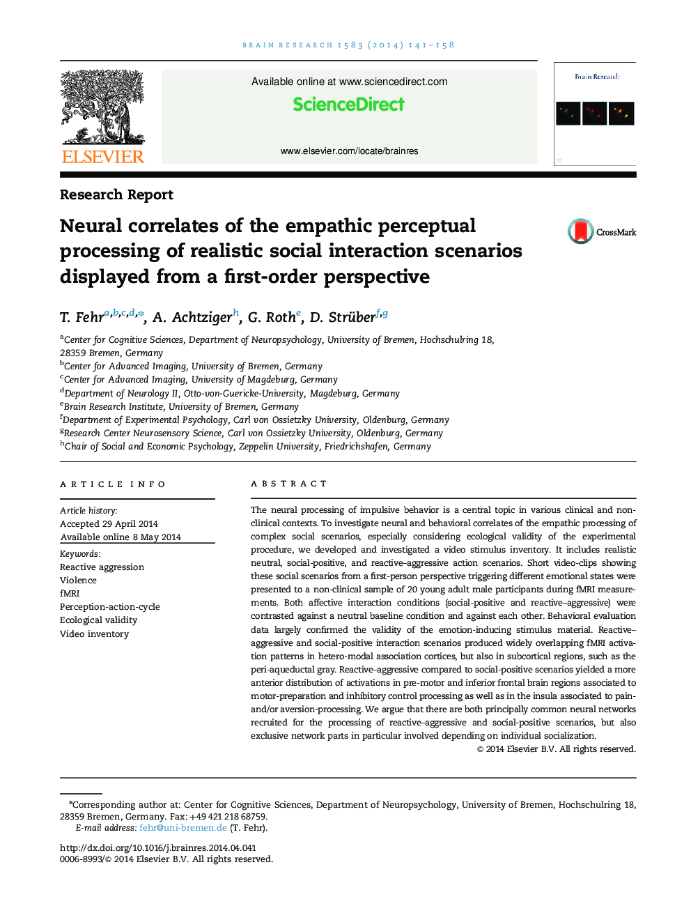 Neural correlates of the empathic perceptual processing of realistic social interaction scenarios displayed from a first-order perspective