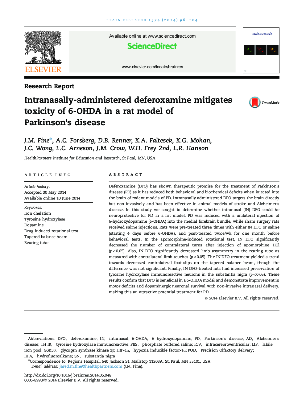 Intranasally-administered deferoxamine mitigates toxicity of 6-OHDA in a rat model of Parkinson׳s disease