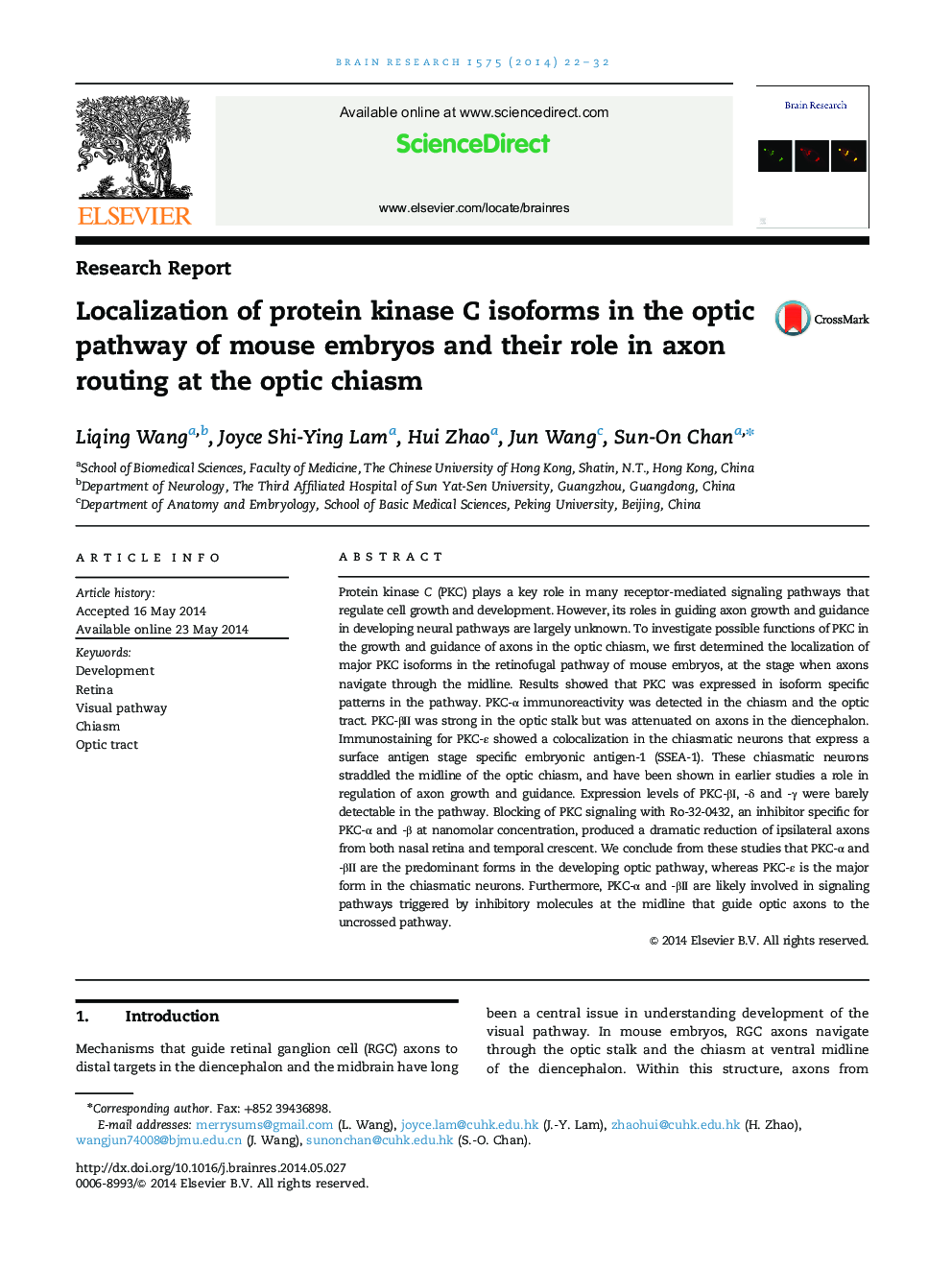 Localization of protein kinase C isoforms in the optic pathway of mouse embryos and their role in axon routing at the optic chiasm