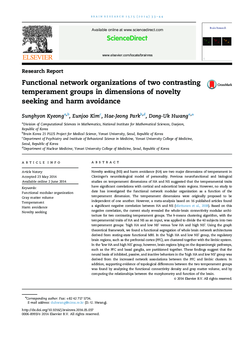 Functional network organizations of two contrasting temperament groups in dimensions of novelty seeking and harm avoidance