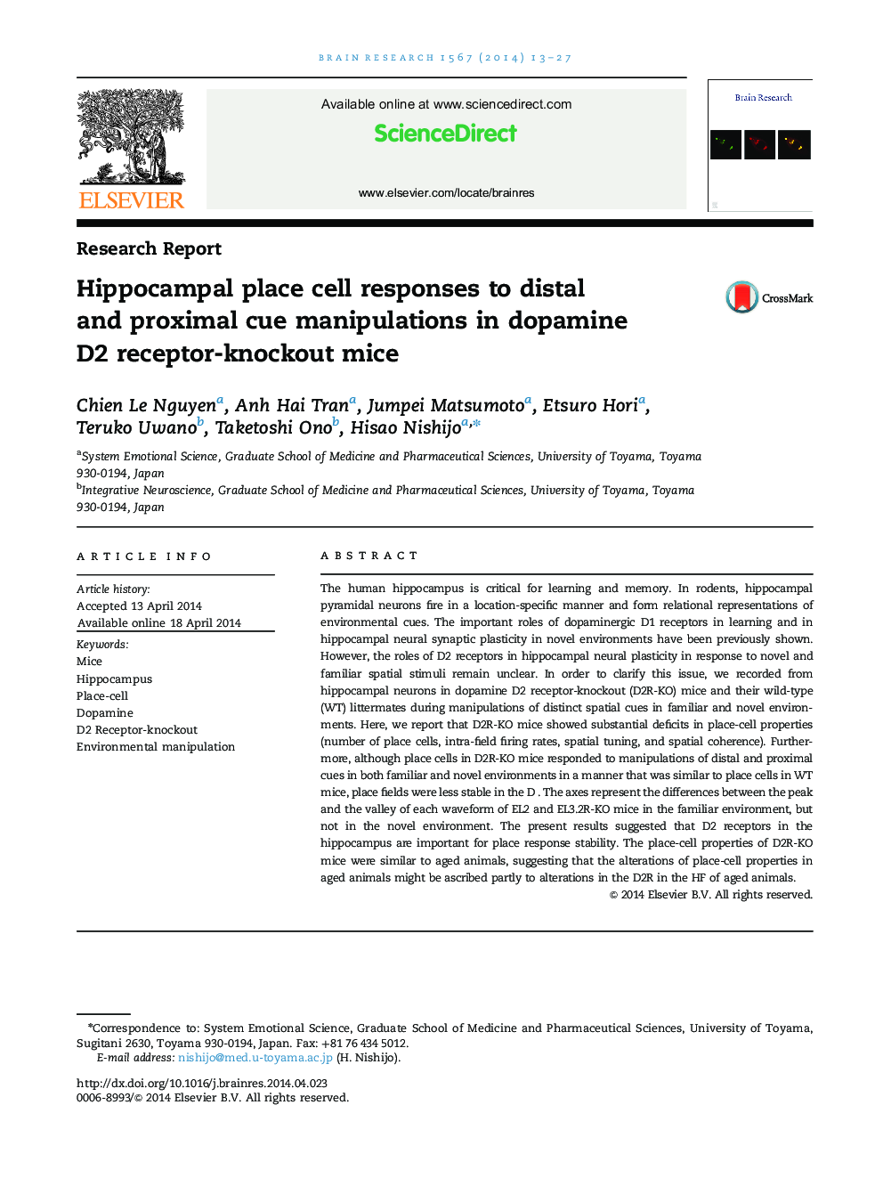 Hippocampal place cell responses to distal and proximal cue manipulations in dopamine D2 receptor-knockout mice