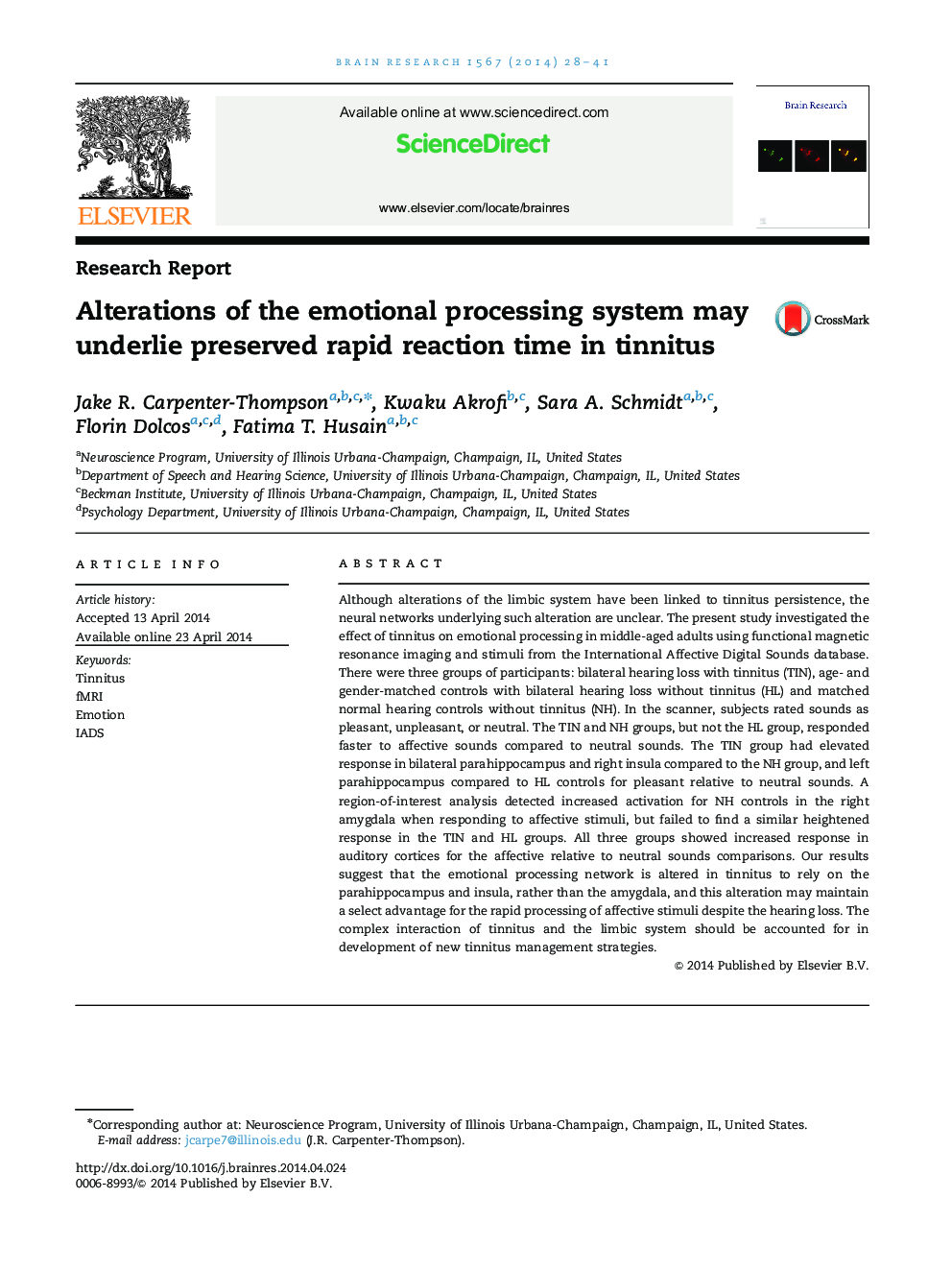 Alterations of the emotional processing system may underlie preserved rapid reaction time in tinnitus