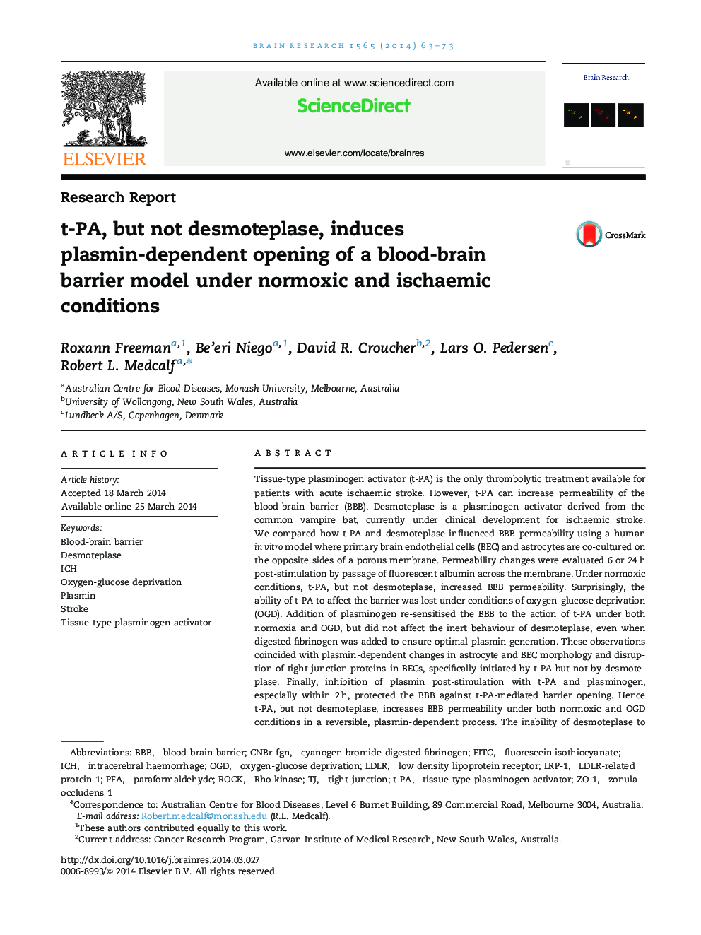 t-PA, but not desmoteplase, induces plasmin-dependent opening of a blood-brain barrier model under normoxic and ischaemic conditions