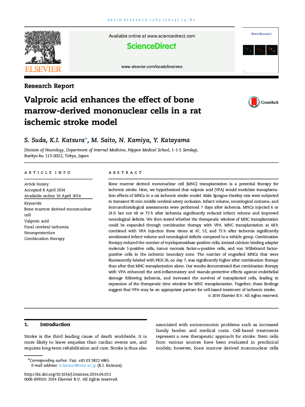 Valproic acid enhances the effect of bone marrow-derived mononuclear cells in a rat ischemic stroke model