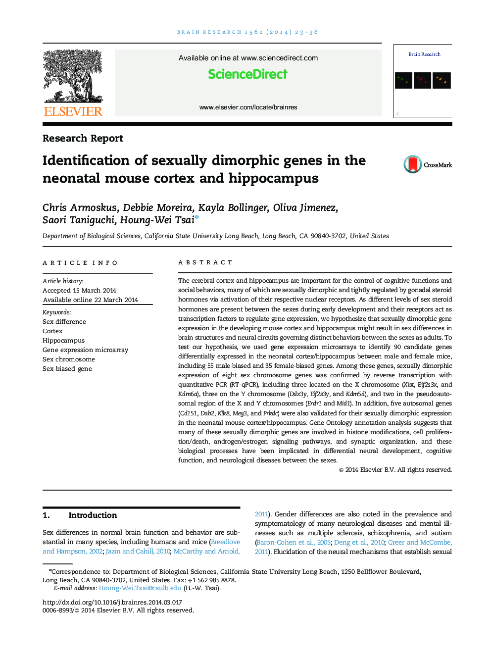 Identification of sexually dimorphic genes in the neonatal mouse cortex and hippocampus