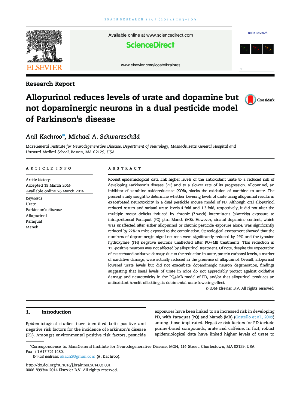 Allopurinol reduces levels of urate and dopamine but not dopaminergic neurons in a dual pesticide model of Parkinson׳s disease