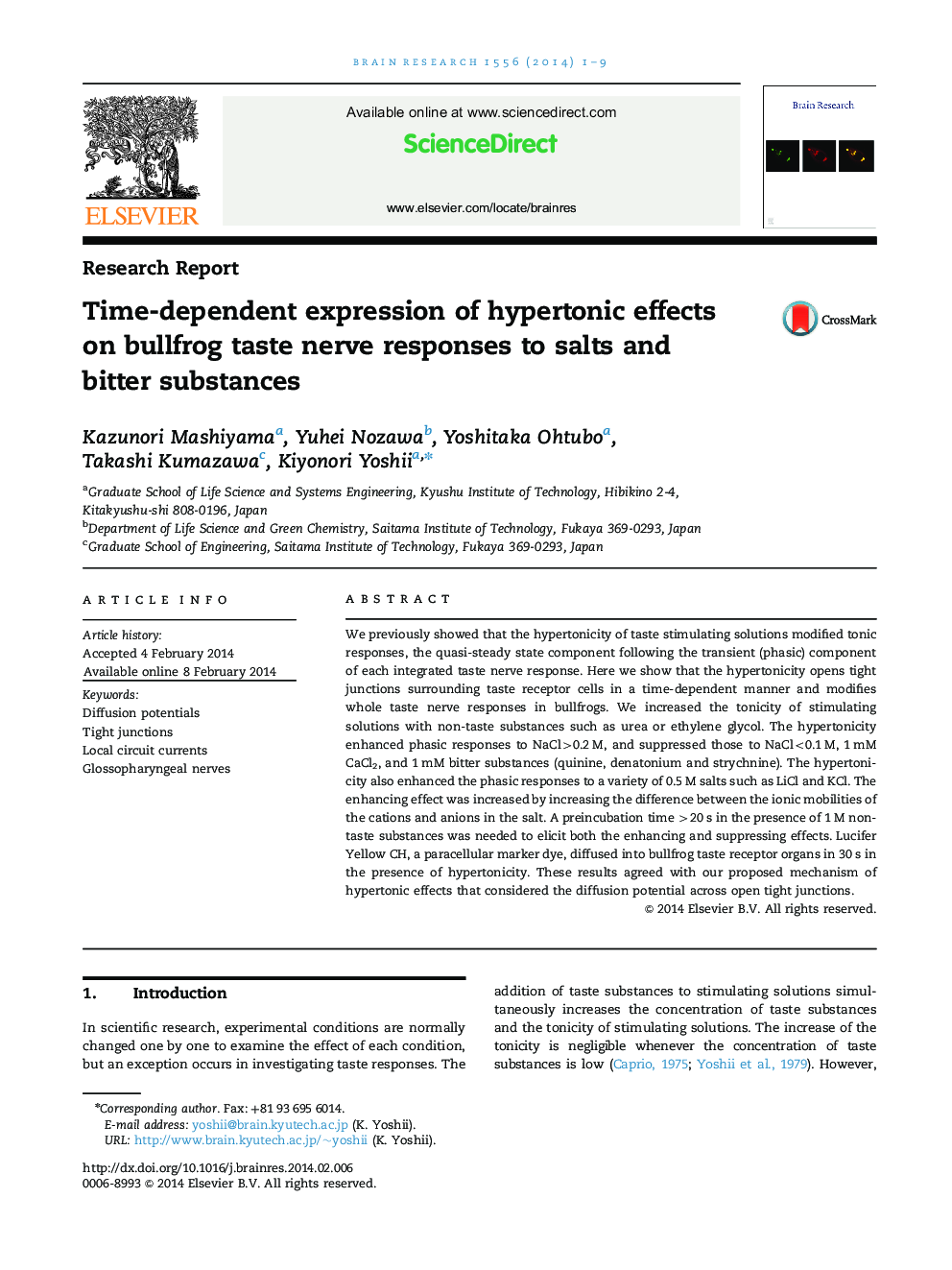 Time-dependent expression of hypertonic effects on bullfrog taste nerve responses to salts and bitter substances