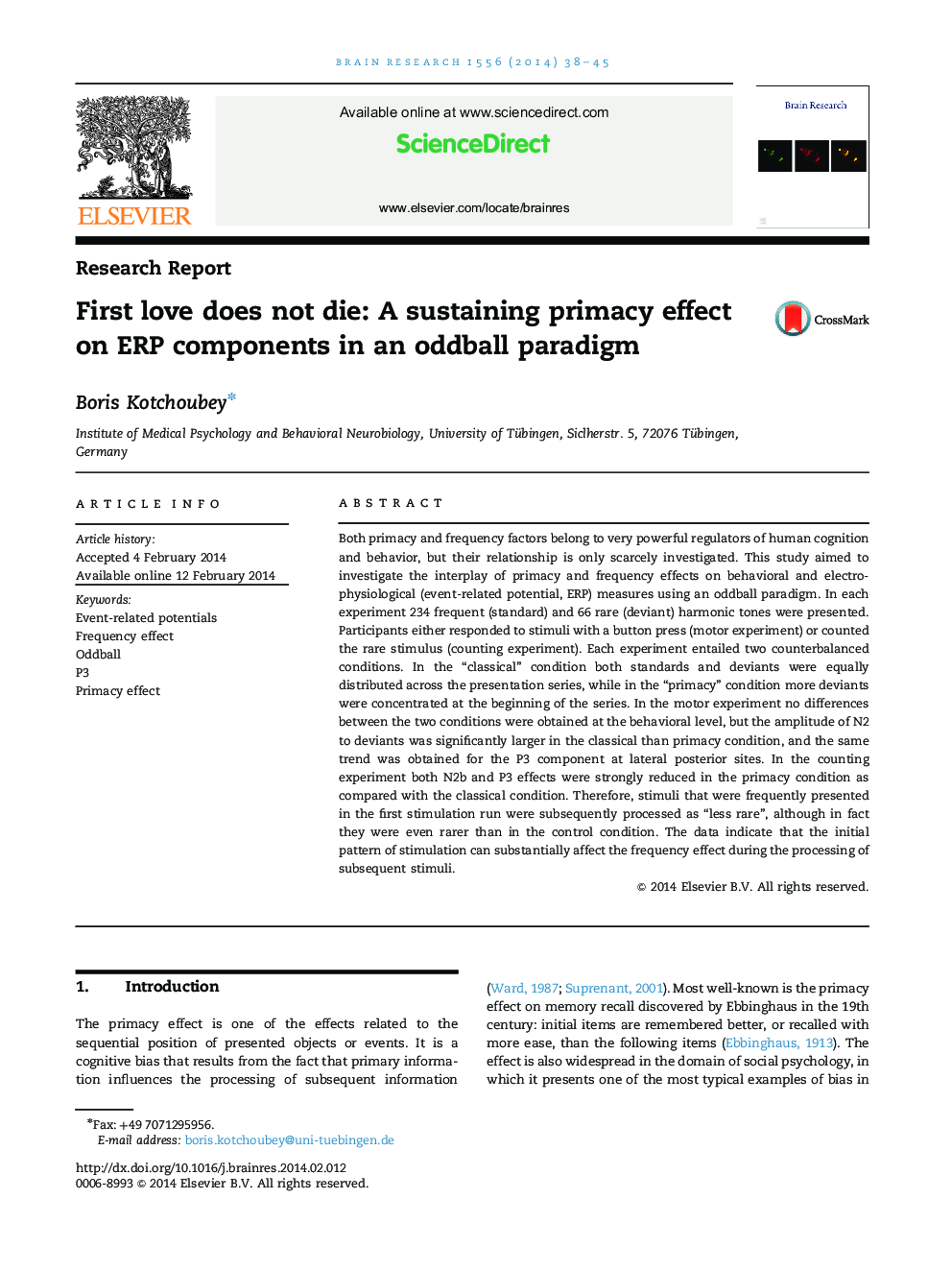 First love does not die: A sustaining primacy effect on ERP components in an oddball paradigm