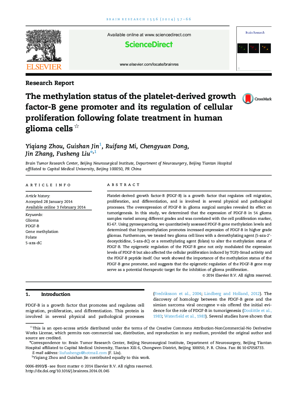 The methylation status of the platelet-derived growth factor-B gene promoter and its regulation of cellular proliferation following folate treatment in human glioma cells 