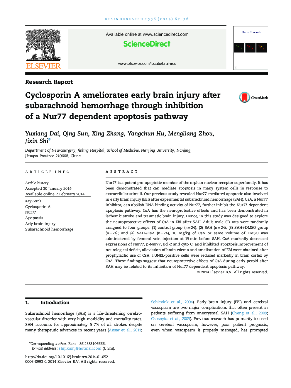 Cyclosporin A ameliorates early brain injury after subarachnoid hemorrhage through inhibition of a Nur77 dependent apoptosis pathway