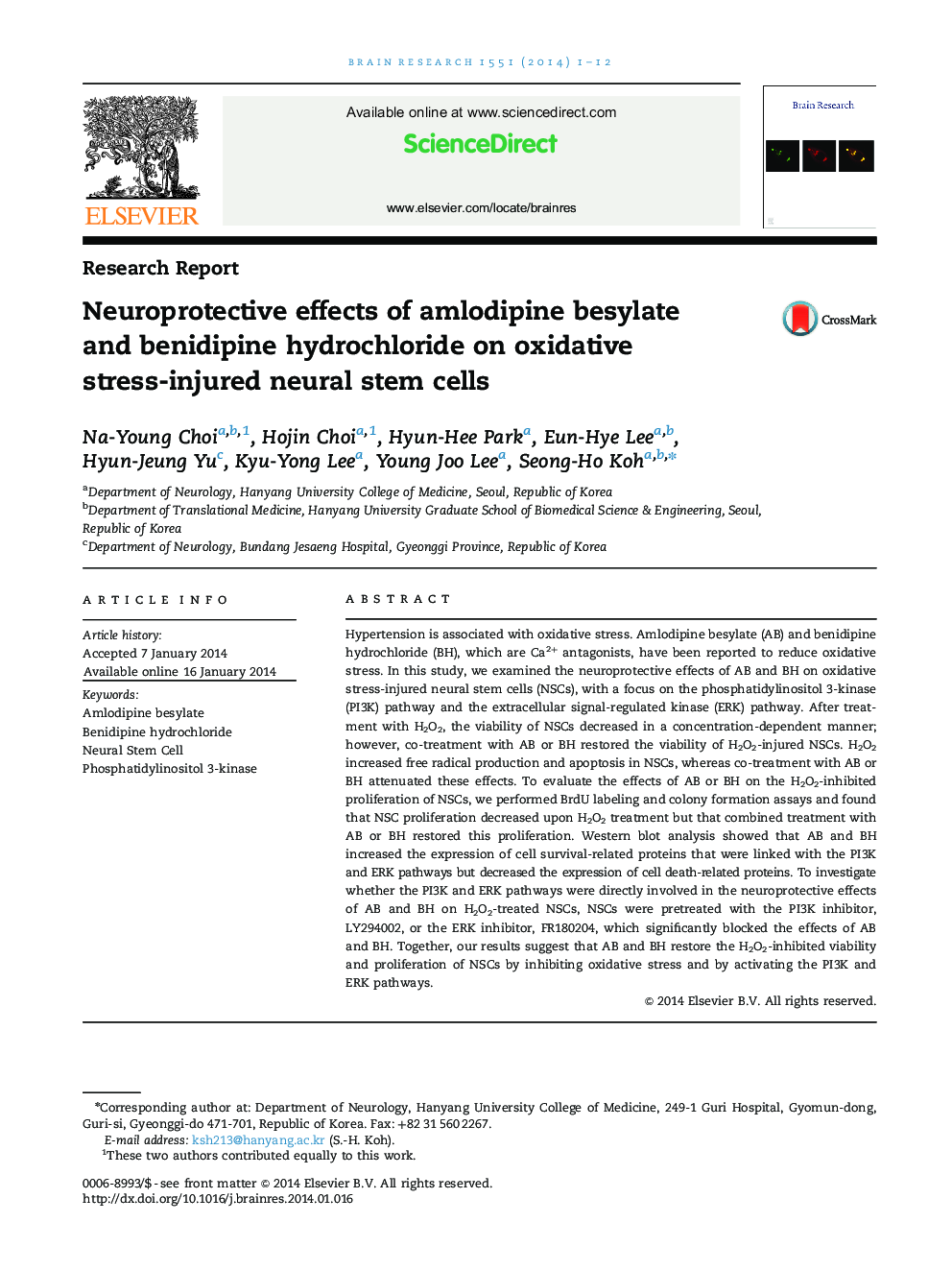 Neuroprotective effects of amlodipine besylate and benidipine hydrochloride on oxidative stress-injured neural stem cells