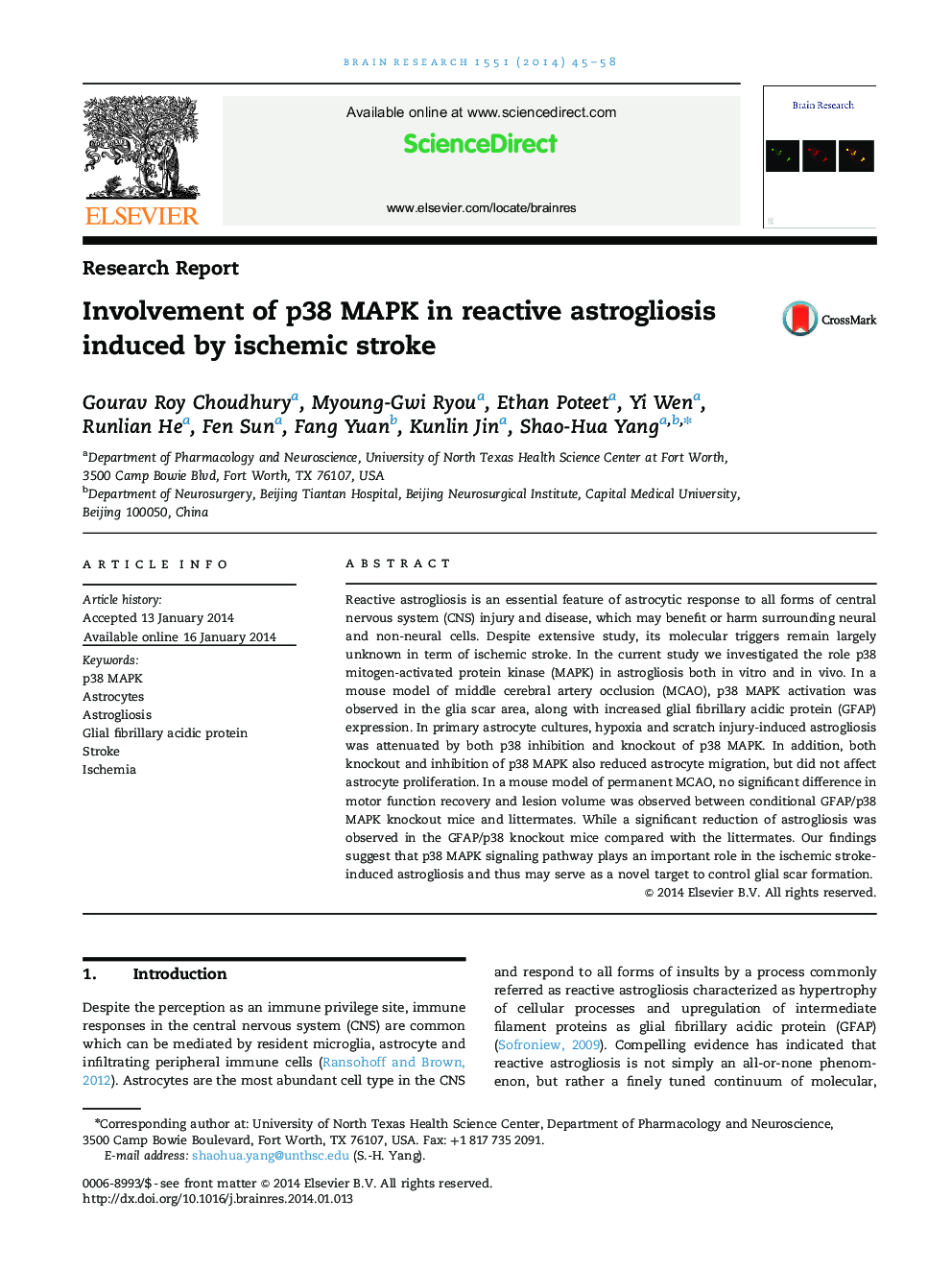 Involvement of p38 MAPK in reactive astrogliosis induced by ischemic stroke