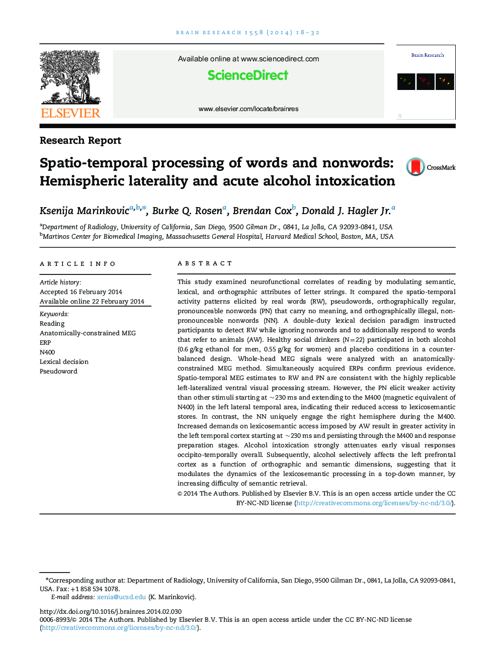 Spatio-temporal processing of words and nonwords: Hemispheric laterality and acute alcohol intoxication