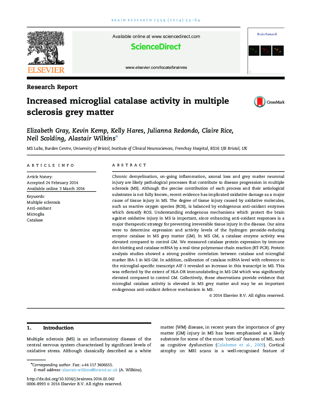 Increased microglial catalase activity in multiple sclerosis grey matter