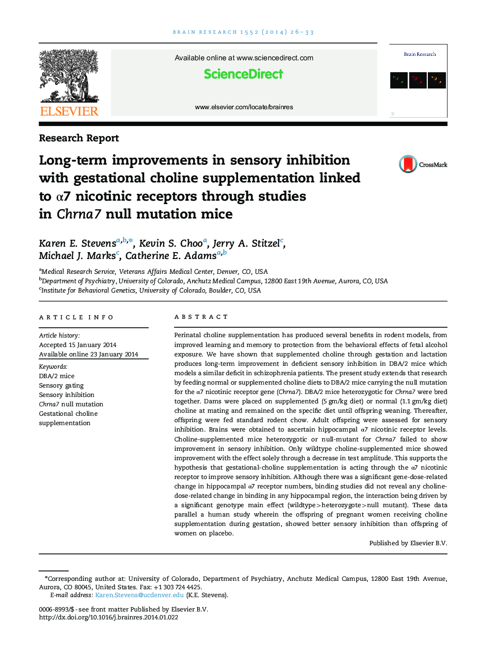 Long-term improvements in sensory inhibition with gestational choline supplementation linked to α7 nicotinic receptors through studies in Chrna7 null mutation mice