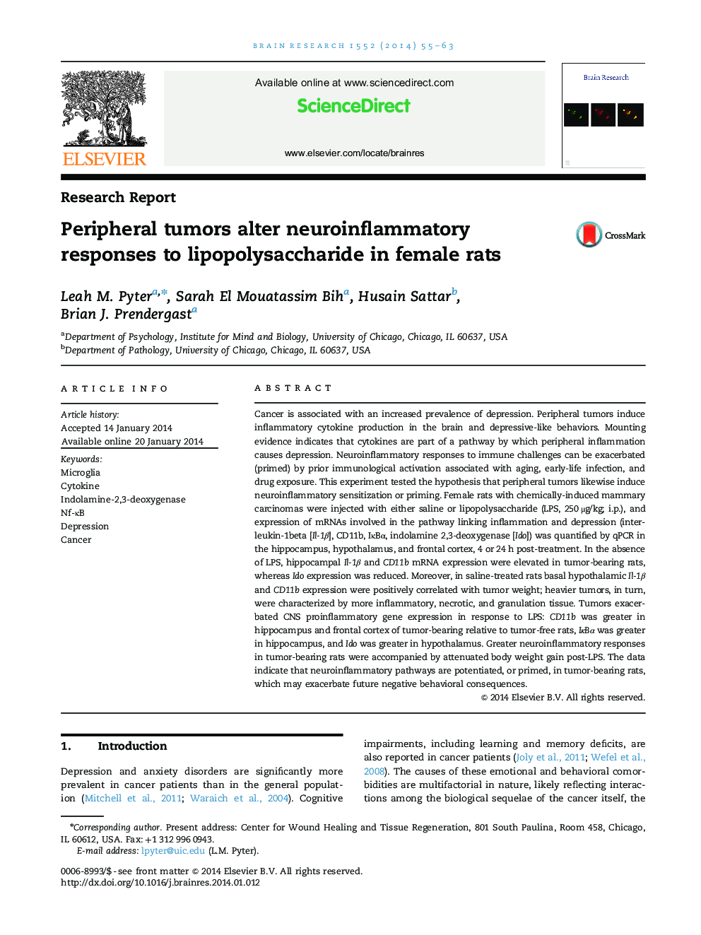 Peripheral tumors alter neuroinflammatory responses to lipopolysaccharide in female rats