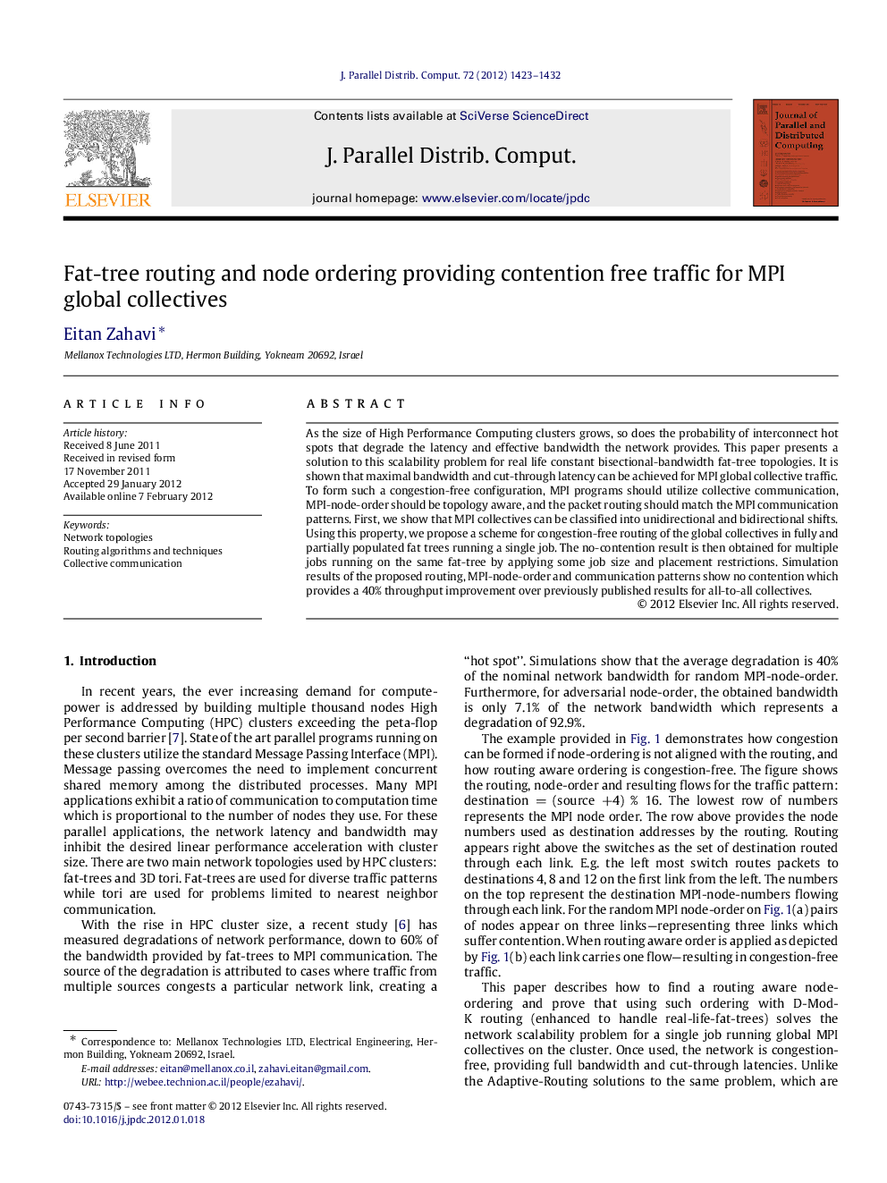 Fat-tree routing and node ordering providing contention free traffic for MPI global collectives