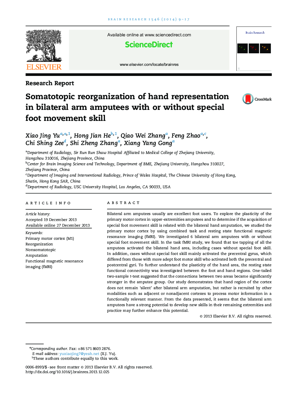 Somatotopic reorganization of hand representation in bilateral arm amputees with or without special foot movement skill