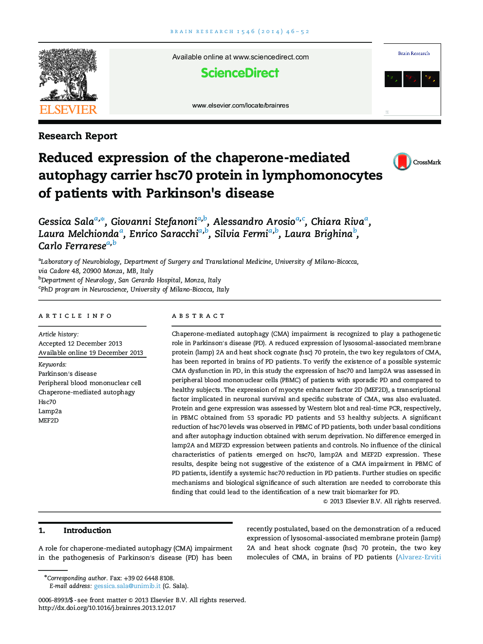 Reduced expression of the chaperone-mediated autophagy carrier hsc70 protein in lymphomonocytes of patients with Parkinson's disease