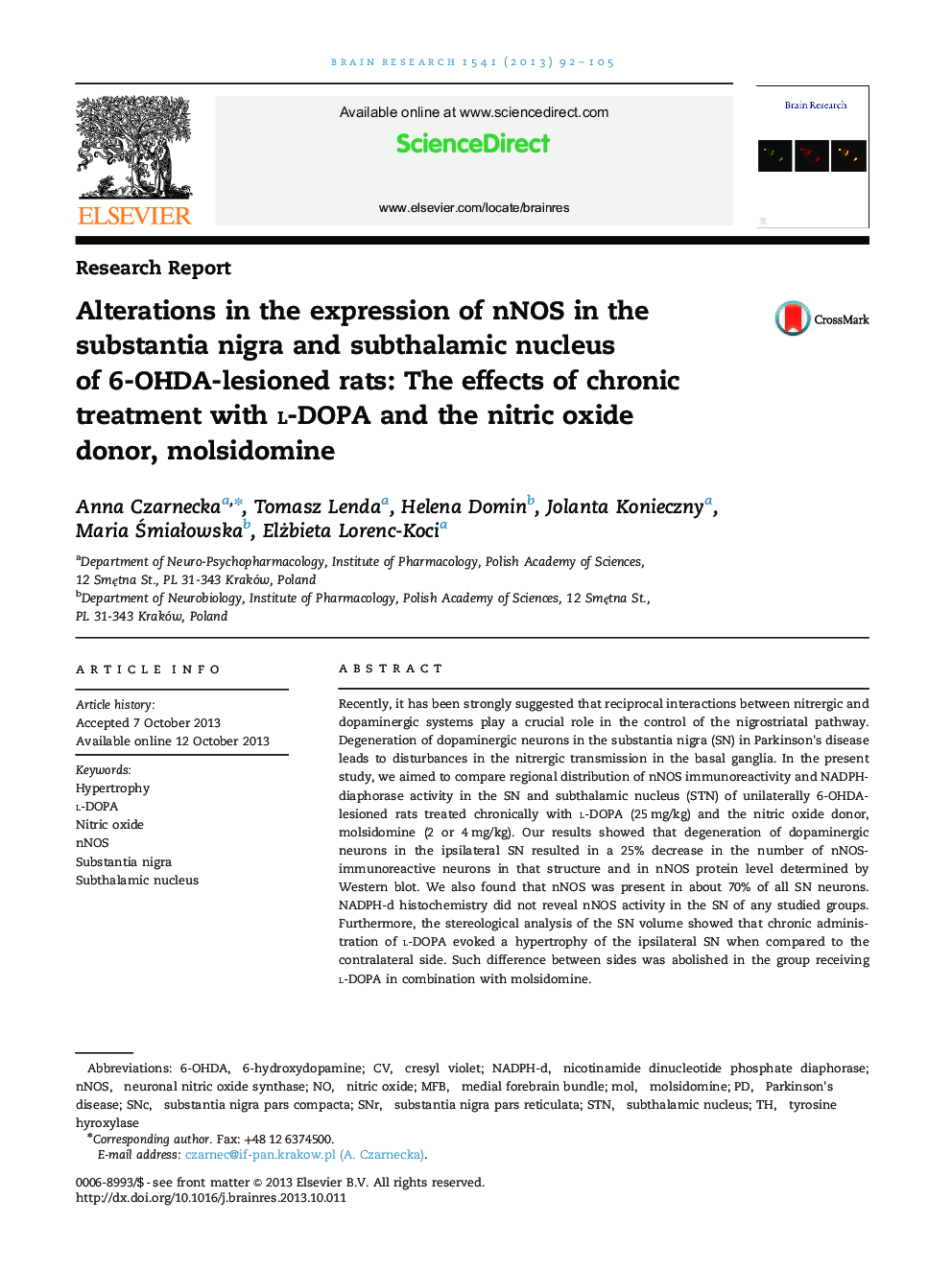 Alterations in the expression of nNOS in the substantia nigra and subthalamic nucleus of 6-OHDA-lesioned rats: The effects of chronic treatment with l-DOPA and the nitric oxide donor, molsidomine