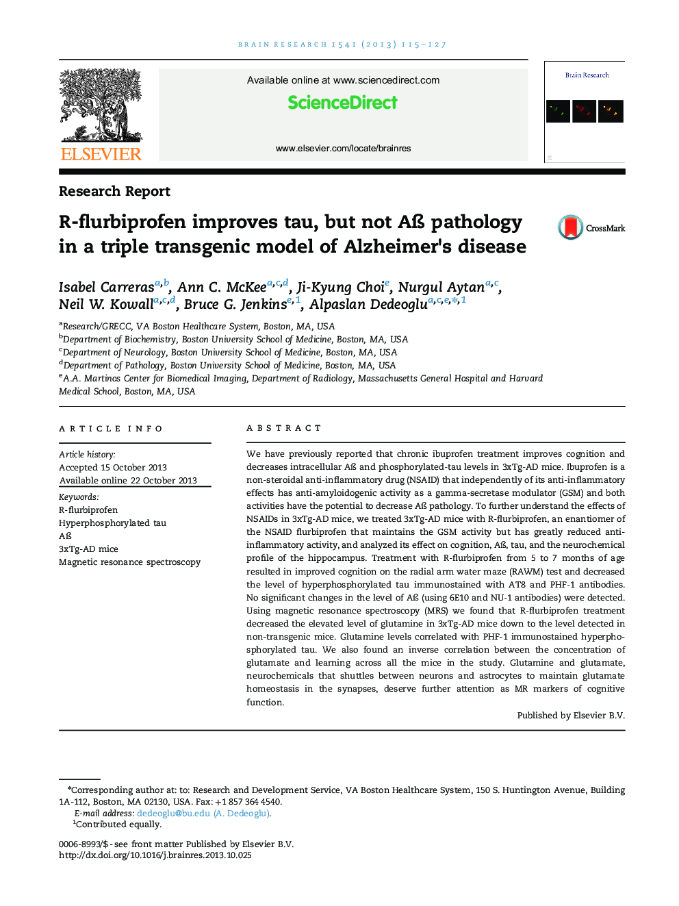 R-flurbiprofen improves tau, but not Aß pathology in a triple transgenic model of Alzheimer's disease