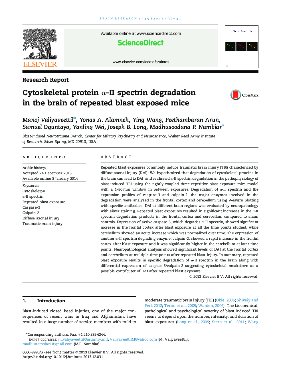 Cytoskeletal protein α–II spectrin degradation in the brain of repeated blast exposed mice