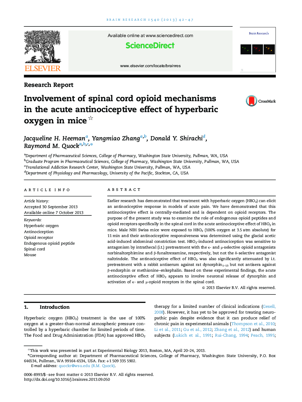 Involvement of spinal cord opioid mechanisms in the acute antinociceptive effect of hyperbaric oxygen in mice 